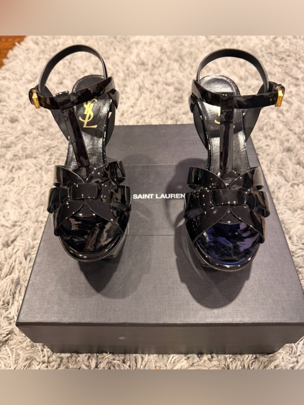 YSL Tribute Platform Sandals in Black Patent Leather size 35.5 US 5.5